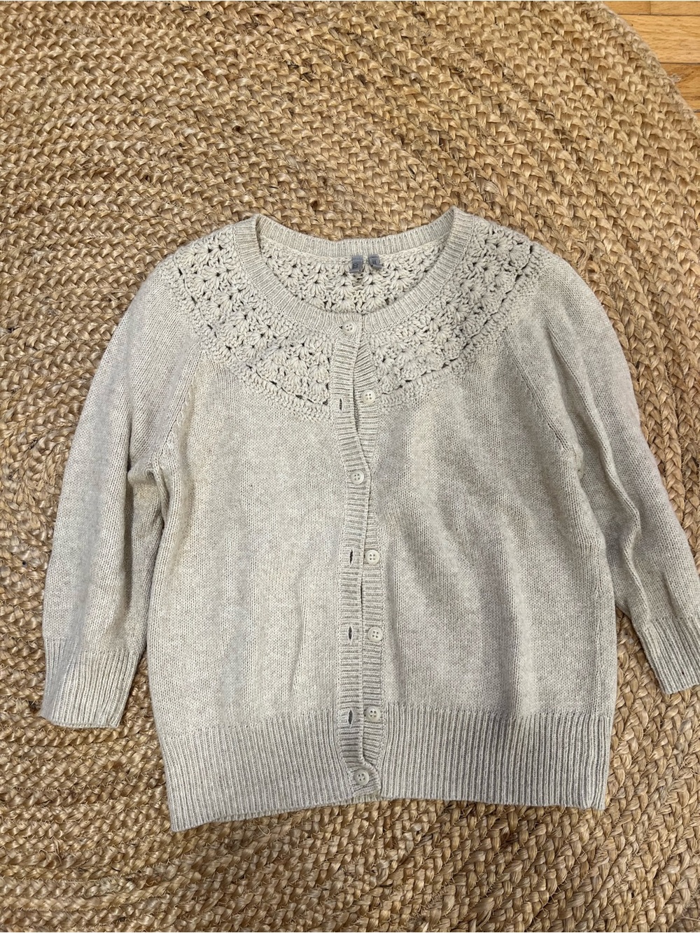 Caslon Cream Knit Cardigan with Lace Yoke